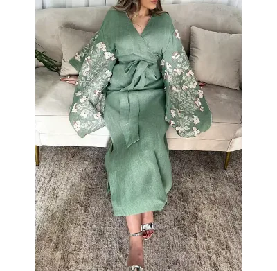 Custom OEM Muslim Woman Abaya Green Dress Embroidered Lace up Dress