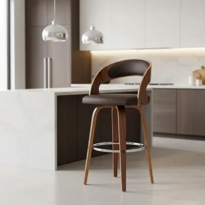 Bentwood Swivel Bar Stool with Backrest Padded Vegan Leather Walnut Wood Footrest 360 Degree Mid Century for Hotel Bar Tabouret