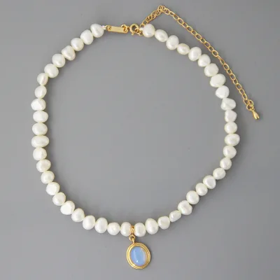 Women's Moonstone Freshwater Pearl Necklace Baroque Irregular Pendant 18K Gold Plated 925 Sterling Silver AAA Grade Romantic
