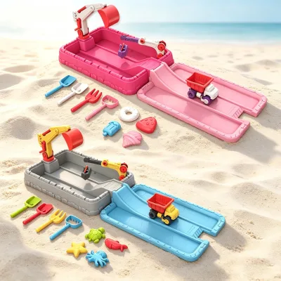 New Summer Engineering Sand Tray with 4 Shovels & 4 Sand Molds Realistic Construction Truck Play Set Interactive Beach Sand Toy