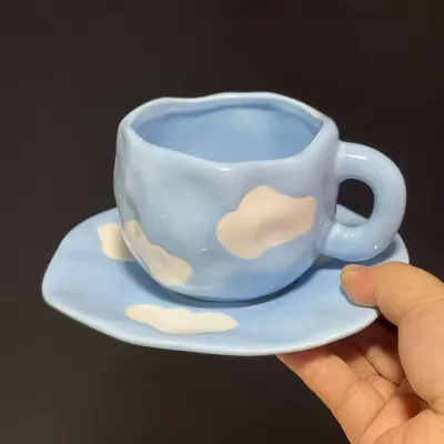 Customized Cute Hand-Painted Blue Irregular Afternoon Tea Coffee Mug Ceramic Cup Coffee Drinking Set