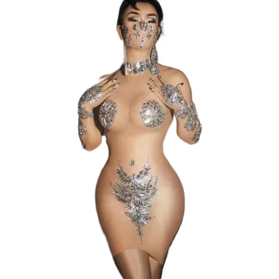 Nude Sexy Jumpsuit Costume Outfit Stone Dancesparkly Stage Celebrate Female Singer Crystals One Piece Pants for Women Adults