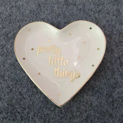 Hot Sale Heart Design Custom logo Printed Ceramic Jewelry Tray with Gold Edge