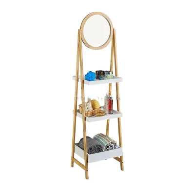 Wooden Bathroom 3 Tiers Ladder Shelf Standing Bamboo Storage Shelf With Mirror