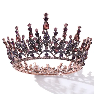 Vintage Baroque Queen Crown Bronze Bridal Tiara Black Light Purple Crystal Elegant Wedding Headpiece