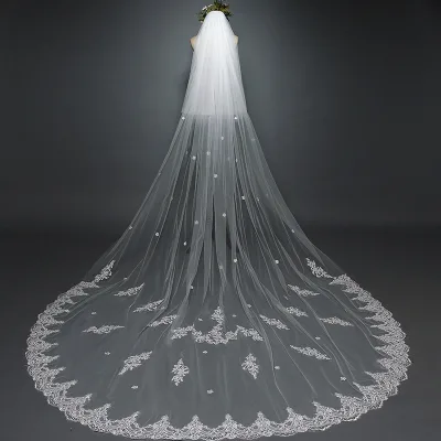 Luxury Wedding Lace Applique Edge Long Cathedral Length Veils One Layer Tulle Bridal Veil