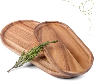 Rectangular Oval Shaped Acacia Wooden Serving Trays Set of 2, for Charcuterie Cheese Bread Fruit Vegetable Dip - 14x7&11x5.5In.