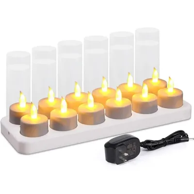 12pcs Rechargeable LED Tea Light Candles Flameless Flickering Tealight with Charging Base Plastic Wax Material for Halloween
