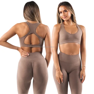 Hollow-Back Sports Bra & Legging Set Warm Taupe Athletic Two-Piece Set Open-Back Racerback Sports Bra Set