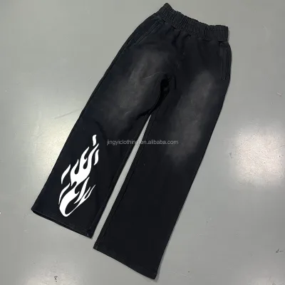 Dongguan Custom Sun Fade Men's Sweatpants 420gsm Screen Printing Acid Wash Wide Leg Thick Waist Casual Men's Sweatpants