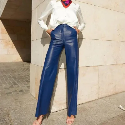 High Street Blue PU Leather Women's Pants Formal Elegant Office Business Casual High Waist Straight Trousers Ladies