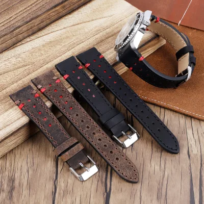 Genuine Leather Watch Band 20mm 22mm Breathable Porous Wristband Watch Bracelet Handmade Stitching for Men Watchstrap