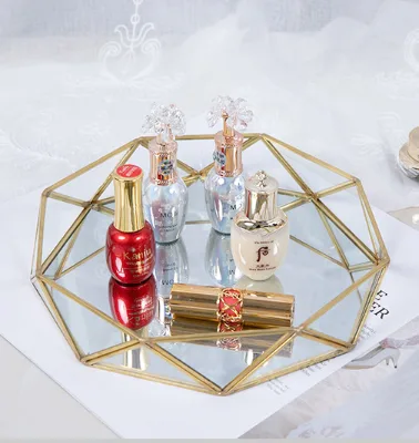 Best Selling Modern Design Glass Gold Mirror Round Tray Decorative Jewelry Trays