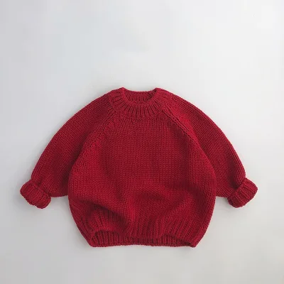 Winter Christmas New Year Children's Unisex Fashion Retro Red Loose Chunky Knit Pullover Baby Knitwear Sweater
