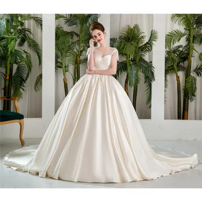 SL9174 Made in China v Neck Wedding Ball Gown with Long Tail Pearls Corset Short Sleeve Bridal Dresses Satin Material