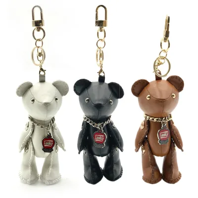 LOW MOQ Personalized Cute Brown Black Pu Teddy Bear Keychain Toy Cheap Handmade Soft Leather Pu Bears