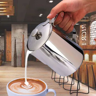 Custom Espresso Milk Frothing Pitcher Latte Maker Spout Frothing Steaming Coffee Jug 304 Stainless Steel Milk Pitcher With Lid