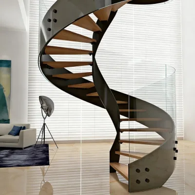 Custom Modern Indoor Spiral Stair Curved Black Metal Structure Solid Wood Tread Standoff Glass Handrail Eco-Friendly High End