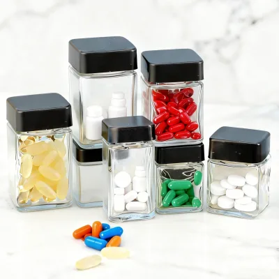 Clear Vitamin Protein Powder Storage Jar 30/60/90/110ml Square Capsule Supplement Glass Medicine Bottle Plastic Screw Press Lid