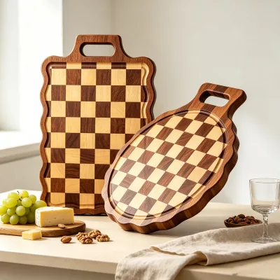 Wood End Grain Checkered Cutting Board Reversible Handled Serving Board Wave Edge Charcuterie Board for Kitchen Food Preparation