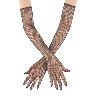 Rhinestone Long Fishnet Gloves Bridal Wedding Gloves Bling Elbow Length Evening Party Glove for Women and Girls