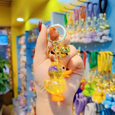 Cartoon Cute 3D Acrylic Transparent Yellow Duck Keychain Bag Car Key Pendant Animal Duck Keychain Charm with Bell for Gift