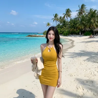 Elegant Solid Yellow Ribbed Knit Halter Neck Dress Hollow Chest Slim Fit Bodycon Ladies Daily Evening Outfit