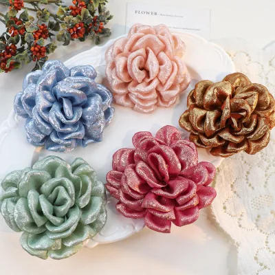 3D Glitter Fabric Gold Plated Tea Flower Applique Hair Clip Corsage Luxury Style Four Seasons