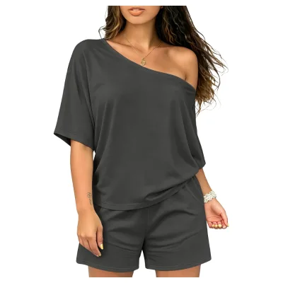 Custom Logo Knitted Women Two Piece Outfit Off Shoulder Oversize Tee Elastic Shorts Daily Loungewear Sleepwear