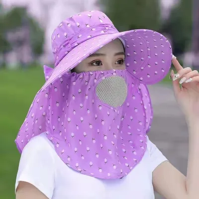 Summer Sun Hat Sun protection Outdoor Labor Wide Brim Fisherman Hat for Lady with Large Neck Shawl