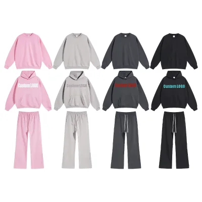 Men Winter Oversized Fleece 100% Cotton Tracksuit Custom Logo Embossed 2PCS Hoodie Jogger Set