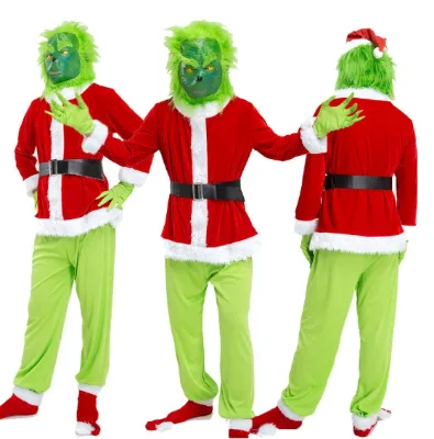 Grinch Cosplay Costume Set, Adult Polyester Suit with Mask, Green Fur Outfit for Christmas & Holiday Party