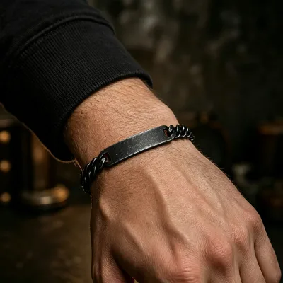 Adjustable 316L Stainless Steel Black ID Bar Chain Bracelet Personalized Name Gothic Cuban Chain Bracelet Custom logo