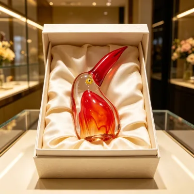Hand-Blown Murano Style Red Gradient Toucan Glass Sculpture for Home Tabletop Decor, Tropical Ornament Gift