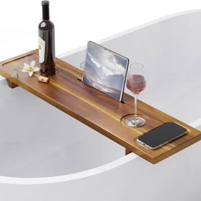 Wooden Bathtub Shelf Nordic Style Waterproof Non-Slip No Drilling Required Luxurious Bathroom Storage Wine/Phone/Tablet Tray