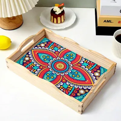 Wholesale Wooden Serving Tray with Handles Decorative Printed Breakfast Coffee Tea Food Tray for Hotel and Restaurant