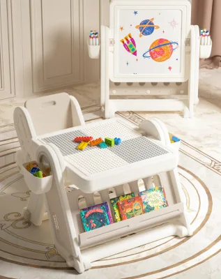 4 in 1 Kids Building Block Table with Chair Adjustable Drawing Easel Whiteboard Storage Book Rack Toddler Learning Play Desk