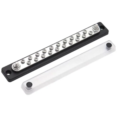 150A Continuous Rating Copper Busbar Distribution Block (12-48V) - 2-Stud 1/4"-20 & 20-Screw #8-32 Hardware & Flame Retardant