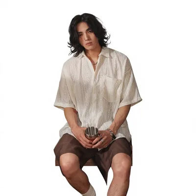 Men's Retro Hollow-Out Short Sleeve Shirt Loose Casual Japan Style Beaded Quick-drying Button Top Summer Spandex/Polyester Solid