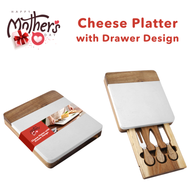 Mather's Day Gifts Marble Wood Cheese Platter Drawer Cutlery Storage Reversible Design Durable Sustainable Rectangle Shape