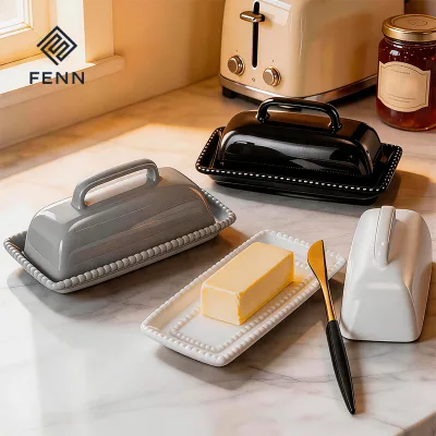 FENN Custom Ceramic Butter Dish with Lid Rectangular Covered Butter Keeper with Beaded Tray Kitchen Butter Storage Container