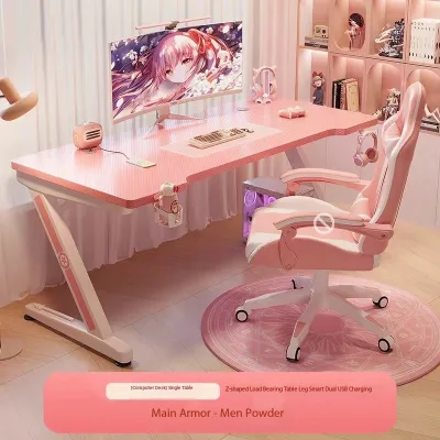 Pink Z Shaped Gaming Desk with Carbon Fiber Top Smart USB Charging Headset Hook and Cup Holder for Bedroom Computer Desk Bureau