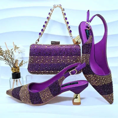 2024 Nigeria Fashion Bag and Mid-Heel Pointed Shoes Girly Party Shoes and Bag Set Decorated With Rhinestone Wedding Shoes Bride