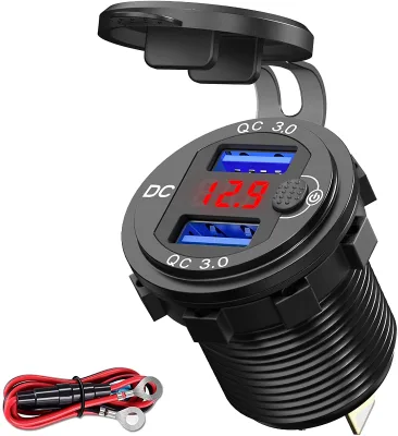 12V Aluminum Waterproof QC3.0 USB Socket with Red Digital Voltmeter 12-24V Voltage Range