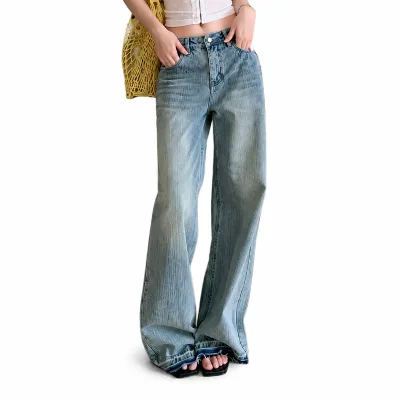Customized Vintage Bamboo Texture Raw Hem Low Waist Wide Leg Jeans Women 2026 Autumn Cat Whisker Washed Denim Pants