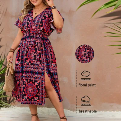 Elegant Retro Maxi Dress for Plus Sizes Floral Print Simple V-Neck Design Empire Waistline Comfortable Chiffon for Casual Summer