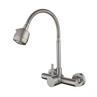 304 stainless steel wall-mounted cold and hot double-hole sink, universal pipe, shower head, rotating kitchen faucet