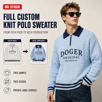Custom Sweater Male Light Blue Half Zip up Polo Collar Cable Knit Graphic Print Heavyweight Cotton Loose Pullover Sweater