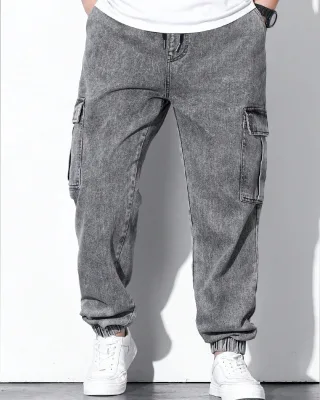 ZY Men's Straight-Leg High Waist Cotton Denim Jeans Embroidered Logo Enzyme Stonewashed Finish Elastic Cuffs Streetwear Hip Hop