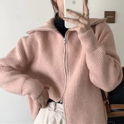 Women's Korean Casual Zipper Sweater Cardigan Loose Knitwear Coat with Turtleneck Solid Pattern Winter Top Wholesale